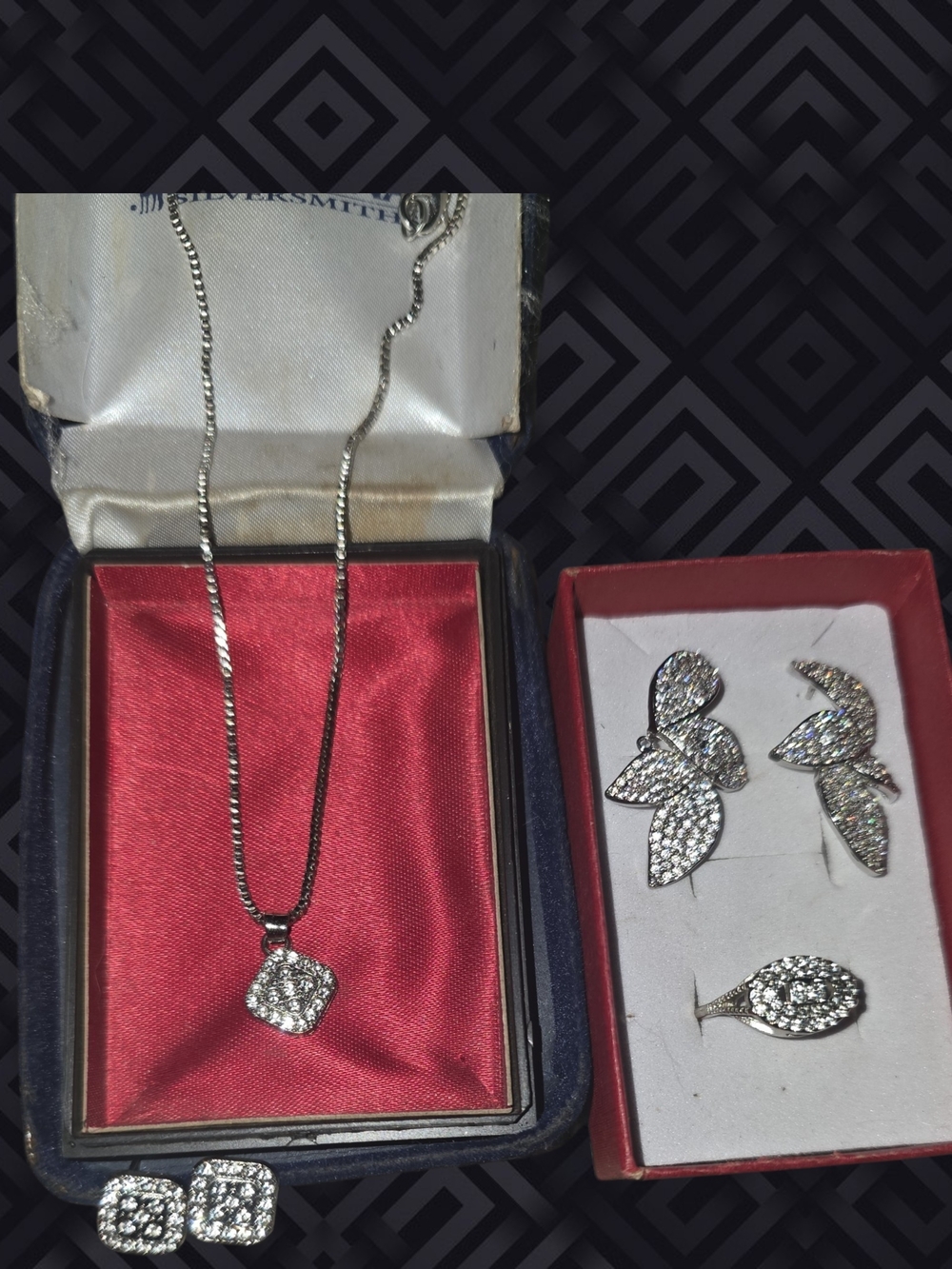 Sterling Silver Crystal Pendant Necklace and Earring Set - & Ring & Earrings